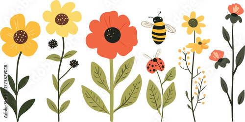 A vector illustration of beautiful yellow sunflowers and flowers with butterflies and a bee in a vibrant summer garden field