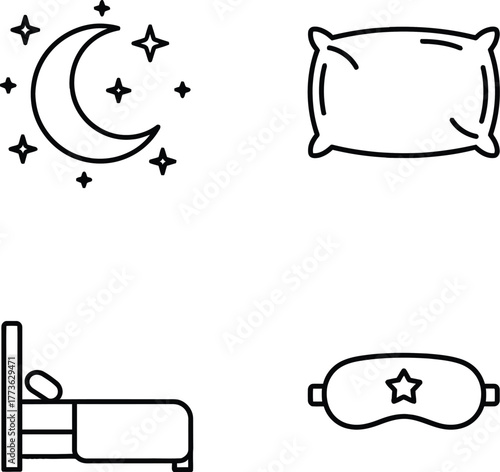 Set of Outline Icons for Sleep, Bedtime, and Relaxation Concepts