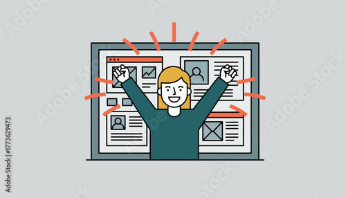 A triumphant freelancer standing in front of a finished project display celebrating the completion of a successful freelance job.