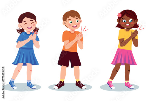 Vector illustration of cheerful children clapping hands.Cartoon scene of smiling light-skinned and dark-skinned boy and girl standing in different poses, clapping hands isolated on white background.