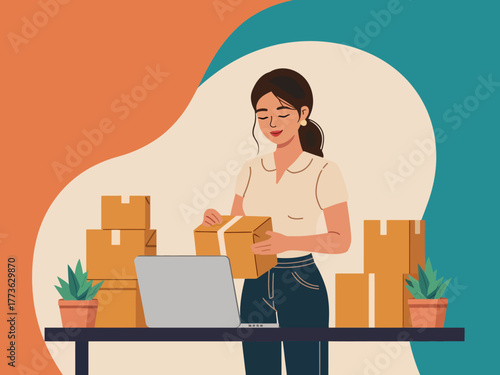 Woman at desk, packing cardboard boxes, online business concept