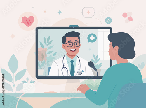 Doctor consultation via video call on a computer screen, representing telehealth and remote medical assistance