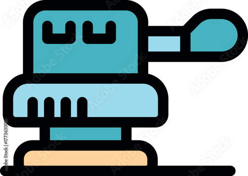 Orbital sander smoothing a wooden surface, power tool for carpentry and woodworking