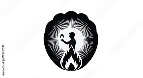 Silhouette of a person holding a torch with flames, symbolizing enlightenment and discovery