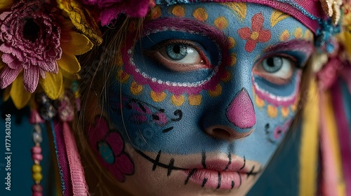 Cropped view of a woman with vibrant sugar skull makeup and floral headwear for Day of the Dead celebration.