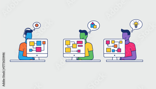 A remote team brainstorming session with colorful sticky notes and digital whiteboards visible on their screens.