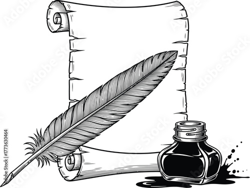 Vintage quill pen resting on a scroll with an inkwell and splatter evoking history and writing