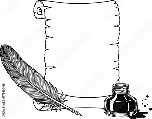 Vintage quill pen and inkwell resting beside a blank scroll of parchment paper on a white background