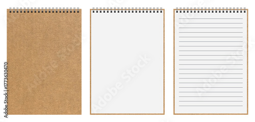 Realistic kraft spiral notepad mockup. Front and inside pages with blank and lined paper isolated on transparent or white background