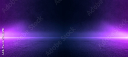 Halloween dark stage with purple fog glow, blue neon spotlights, and smoky street floor studio. Abstract futuristic background for concert, product display, banner event design in spooky atmosphere.