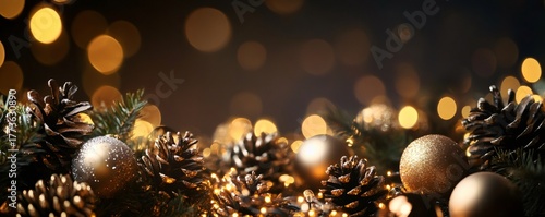 Festive Christmas and New Year background with pine cones, golden ornaments, and sparkling string lights. Holiday season celebration concept.
