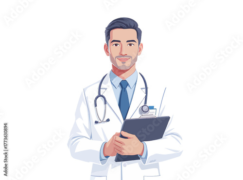 Professional male doctor illustration in a white lab coat with a stethoscope, holding a medical clipboard. Ready to provide expert healthcare and reliable medical advice