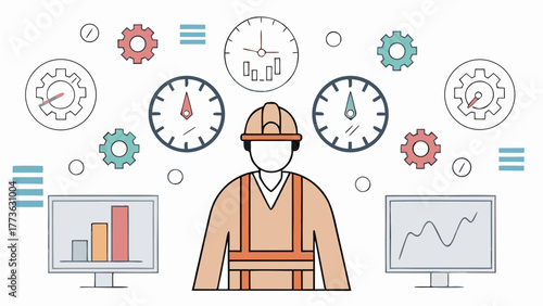 Industrial worker overseeing performance metrics and data analysis with gauges and charts