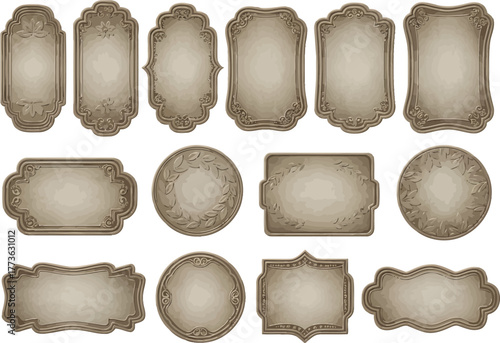 Collection of ornate vintage decorative frames and labels with antique textured backgrounds and elegant borders