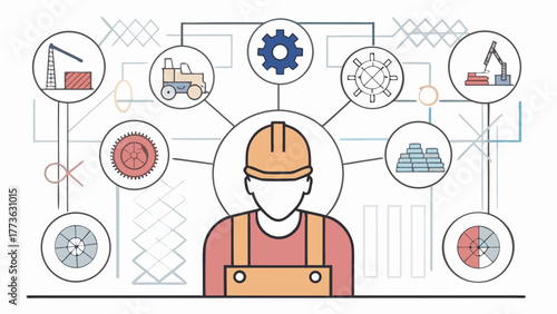 Industrial worker connected to various construction and engineering elements in a schematic diagram