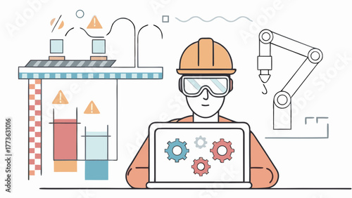 Industrial engineer using laptop to monitor automated factory production with robotic arm and warning signs