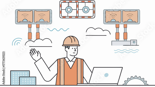 Engineer managing smart city infrastructure and industrial equipment using advanced technology and data analysis