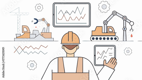 Modern industrial engineer overseeing automated manufacturing processes with data analysis and advanced machinery