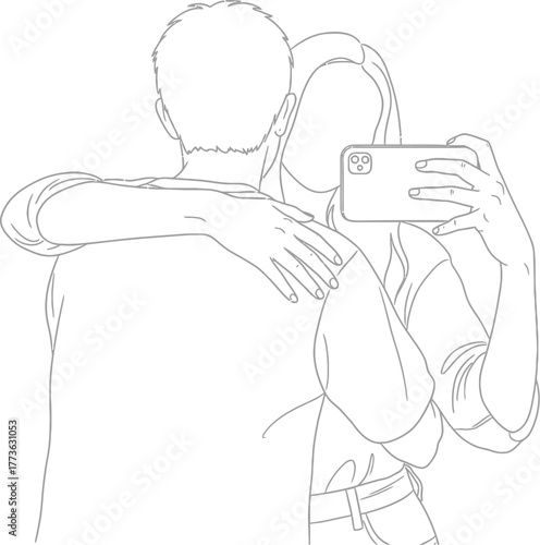 Abstract line drawing of a couple taking a selfie with a smartphone capturing a modern moment of connection and shared experience
