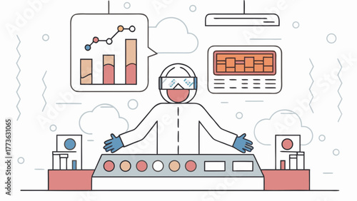 Scientist in protective gear operates advanced technology with data visualizations and control panels