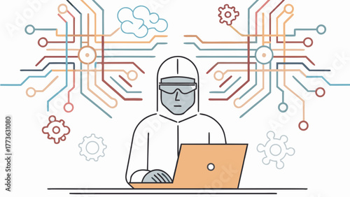 Hacker in protective gear working on a laptop surrounded by digital circuit board elements and a stylized brain