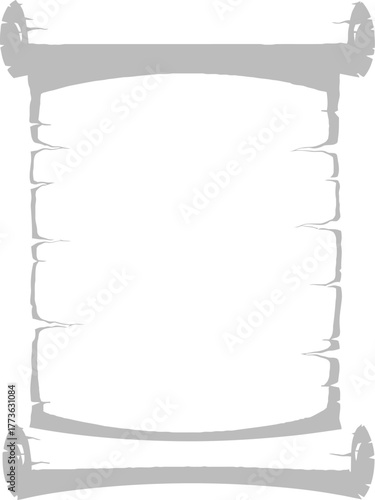 Blank ancient parchment scroll unrolled with torn edges and wooden rollers on a white background for text or design