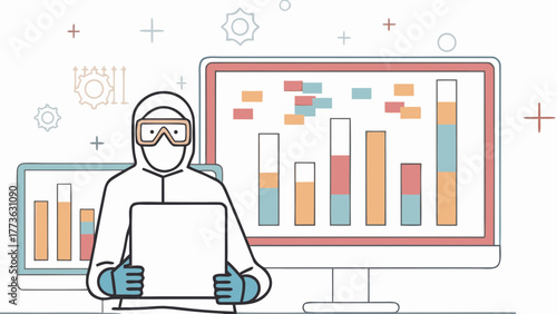 Scientist in protective gear analyzing data charts on computer screens representing research and development
