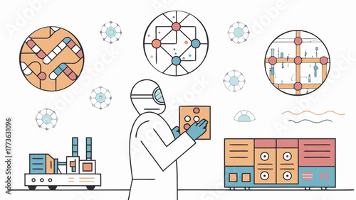 Scientist in protective gear analyzes complex data visualizations and advanced laboratory equipment in a futuristic research setting