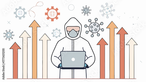 Scientist in protective gear analyzes rising data trends and virus icons on a laptop symbolizing research and progress