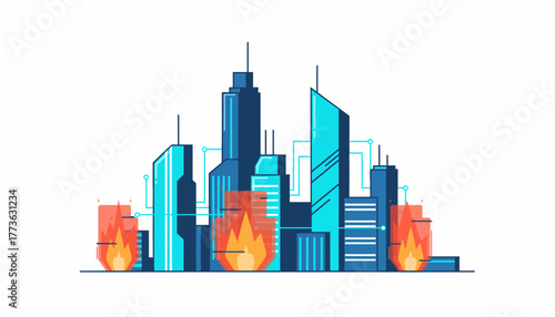 A futuristic city skyline with holographic firewalls guarding the network connections illustrating urban cybersecurity.