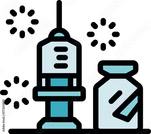 Syringe and vial with sparks celebrating vaccination success, promoting health and immunization