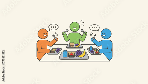 A lunch tray featuring a sandwich fruit and a juice box p on a table surrounded by friends enjoying their meals together.