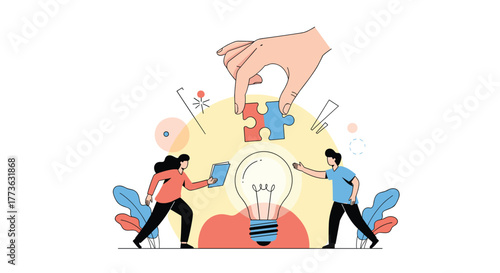 A diverse team collaborates to develop a new idea, combining efforts and problem-solving skills to achieve a shared vision and foster innovation.