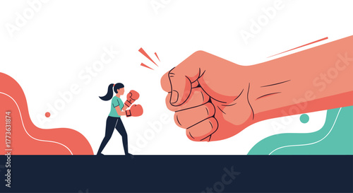 A determined small woman in boxing gloves faces a colossal clenched fist, symbolizing the struggle against overwhelming challenges or powerful adversaries.