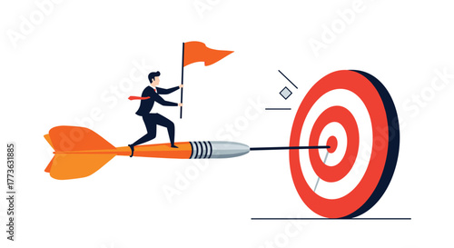 A determined businessman rides a flying dart, holding a flag, as it precisely hits the bullseye of a red target, symbolizing successful goal achievement and strategic business success.