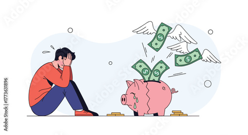 A person sits in despair next to a broken, crying piggy bank as money with wings flies away, illustrating financial crisis, economic struggle, and overwhelming debt.