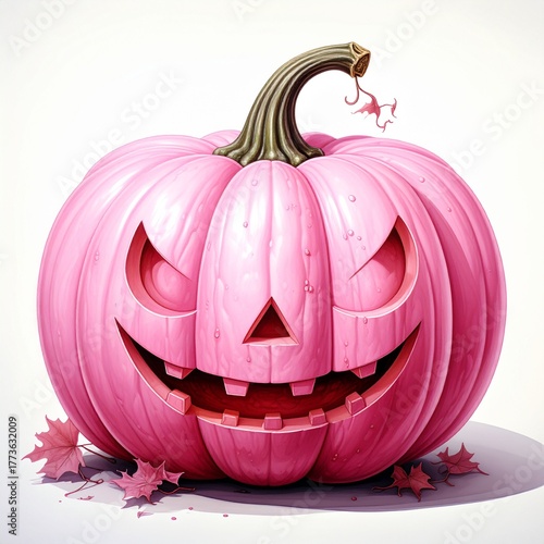 Pink carved pumpkin with a friendly smile