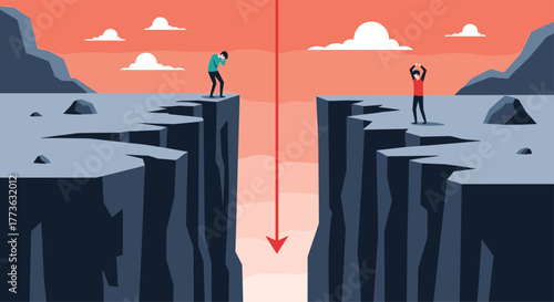 Two people on the brink of a deep chasm, illustrating a challenging gap or crisis with contrasting emotional responses, as a prominent red arrow points downwards into the abyss.