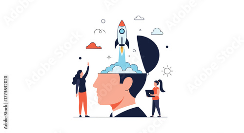 A powerful concept of launching innovative ideas and breakthroughs from a human mind, symbolizing creative thinking, startup development, and future business growth.
