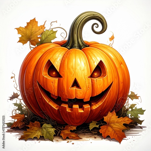 Carved jack-o'-lantern surrounded by autumn leaves