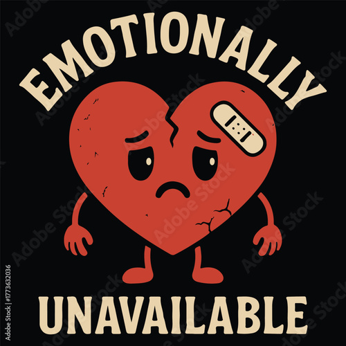 Emotionally Unavailable Heart Mascot Distressed Retro Cartoon Emblem Graphic