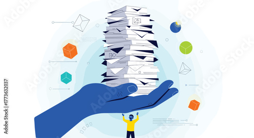 A giant blue hand carries a towering stack of important documents, illustrating the comprehensive management of vast information and data in a dynamic digital business environment.