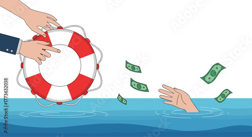 Two hands offer a red-and-white lifebuoy to another hand reaching out of the water amidst falling money, symbolizing financial rescue and economic assistance during a crisis.