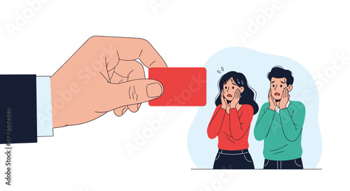 A formidable hand in professional attire shows a red card to a terrified couple, indicating a significant warning, expulsion, or financial denial.