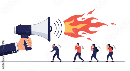 A giant hand holding a megaphone emits fiery, aggressive messages, causing distress and fear among a line of people trying to shield themselves.