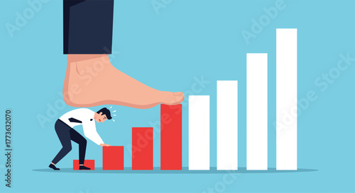 A stressed businessman is crushed by a giant foot pushing down on a rising bar chart, symbolizing immense pressure from an overpowering force on growth and progress.