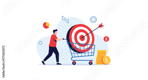 A man strategically pushes a shopping cart containing a target with an arrow hitting the bullseye, surrounded by financial symbols, representing successful business goals and targeted marketing.
