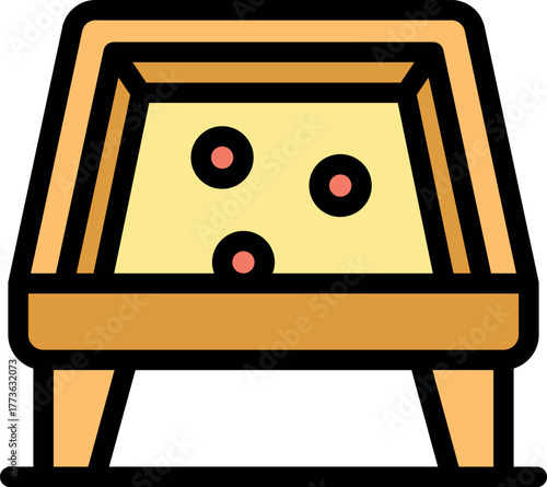 Sandbox with yellow sand and three colorful balls is perfect for children playing