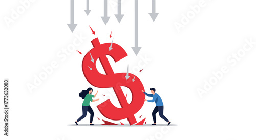 A man and a woman work together to support a large red dollar sign that is cracking and being pushed down by multiple gray arrows, symbolizing economic decline.