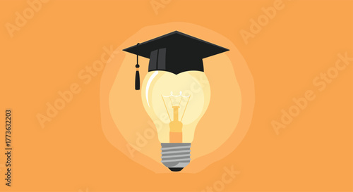 A bright light bulb wearing a graduation cap glows against an orange background, symbolizing the illuminating power of education, knowledge, and innovative ideas.